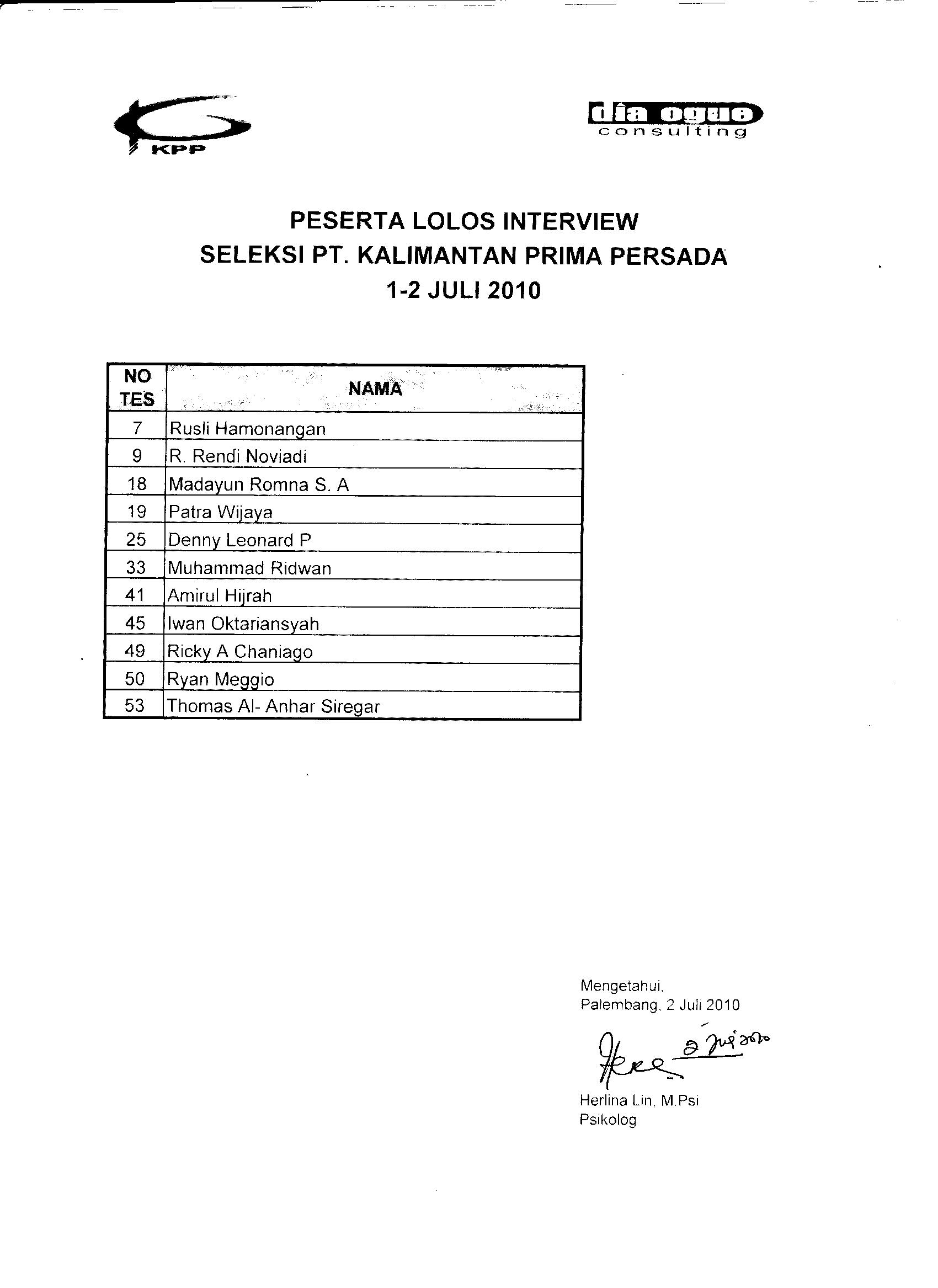 Hasil akhir Seleksi Karyawan PT.KPP