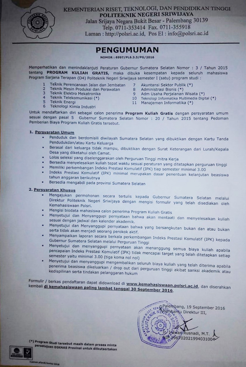 PENDAFTARAN PROGRAM KULIAH GRATIS PROVINSI SUMSEL 2016