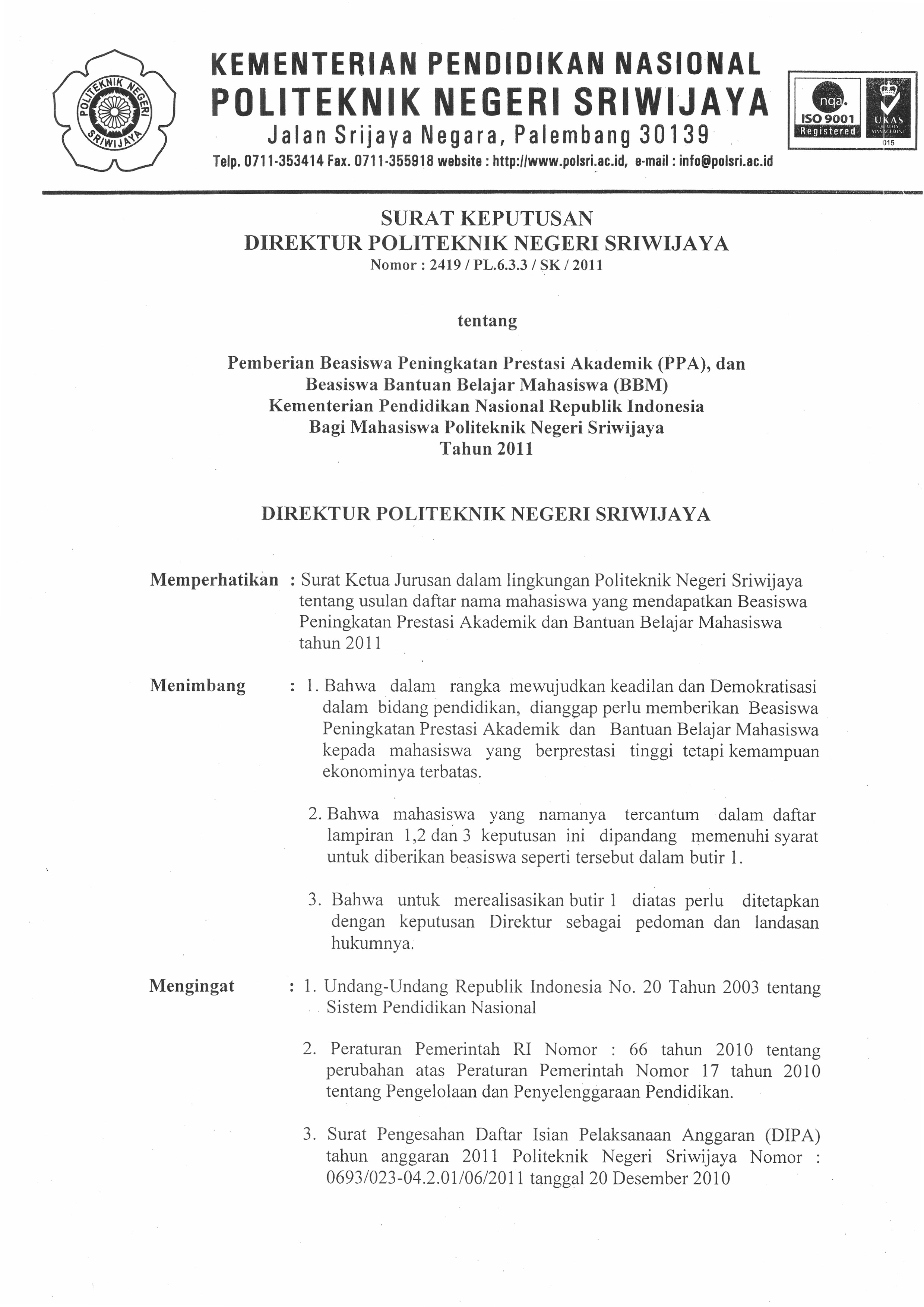 Pengumuman Beasiswa PPA dan BBM 2011