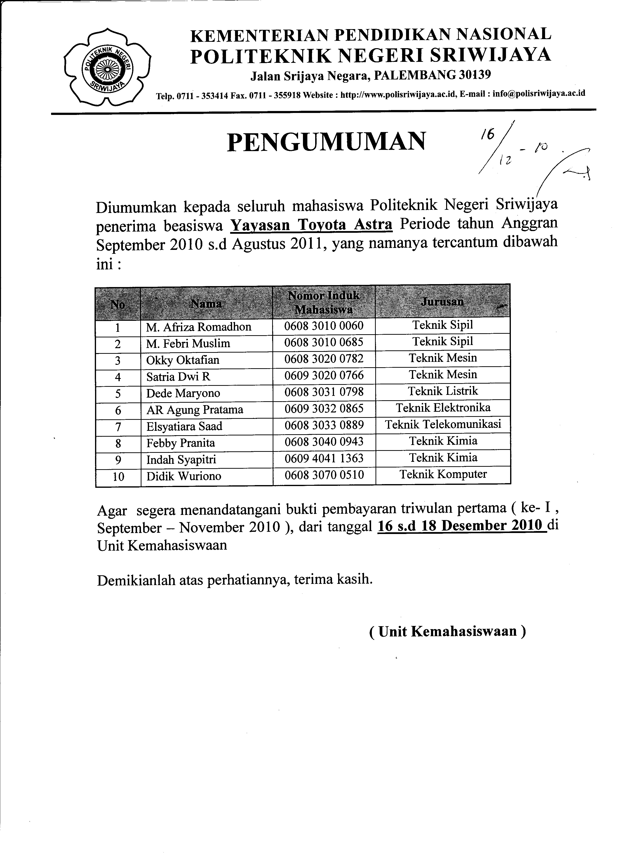 Pengumuman Beasiswa ASTRA