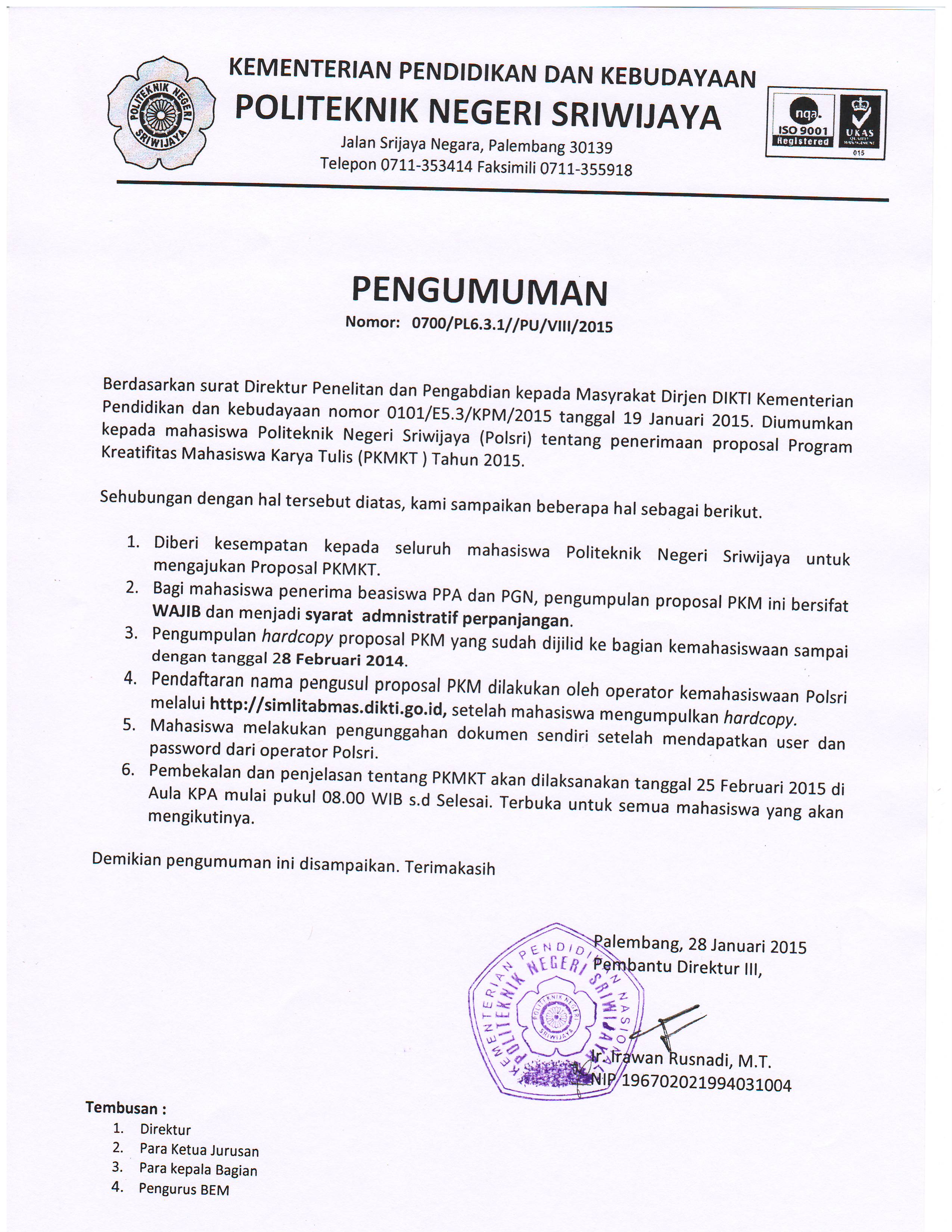 Pendaftaran Program Kreatifitas Mahasiswa Karya Tulis (PKMKT) 2015